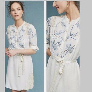 Anthropologie Tiny Amarante Dress Embroidered Lace White Blue Floral Size Small